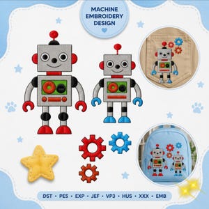 Friendly Robot Embroidery File, Cute Toy Robot Digital Stitch, Kids Pocket Accent Embroidery Pattern, Robot Nursery Machine Design