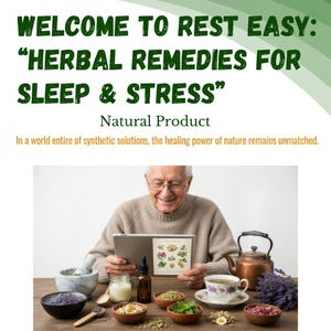 Puede incluir: Imagen que promociona remedios herbales para el sue&ntilde;o y el estr&eacute;s. El texto dice: "WELCOME TO REST EASY: 'HERBAL REMEDIES FOR SLEEP & STRESS' Natural Product." Una persona sostiene una tableta, rodeada de cuencos con hierbas, una tetera y una taza de t&eacute;.