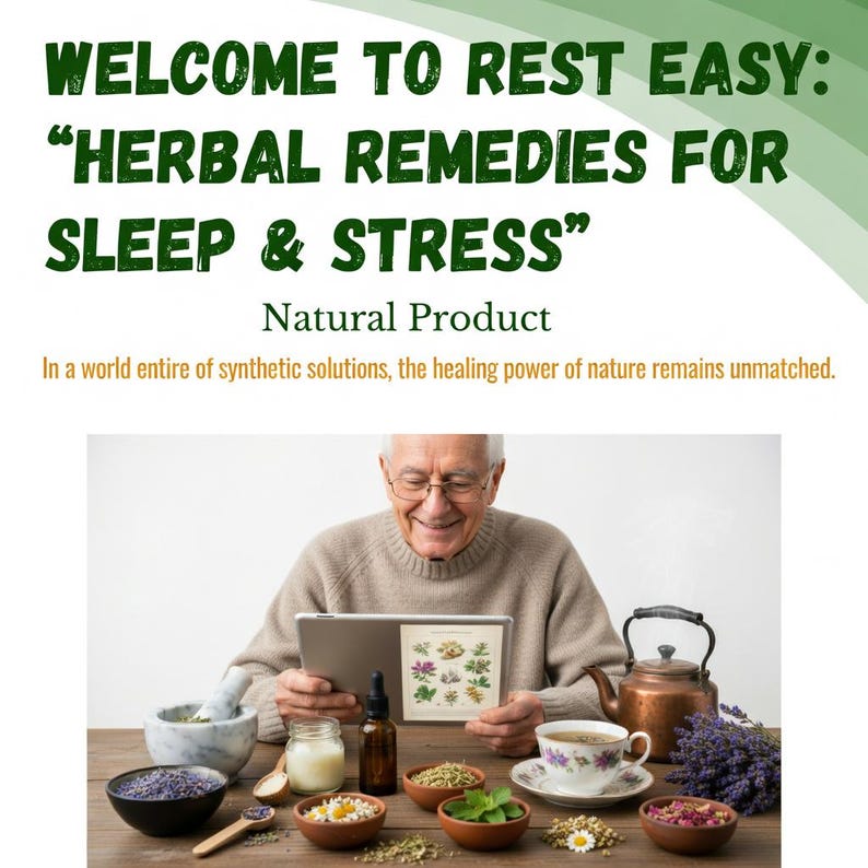 Puede incluir: Imagen que promociona remedios herbales para el sue&ntilde;o y el estr&eacute;s. El texto dice: "WELCOME TO REST EASY: 'HERBAL REMEDIES FOR SLEEP & STRESS' Natural Product." Una persona sostiene una tableta, rodeada de cuencos con hierbas, una tetera y una taza de t&eacute;.
