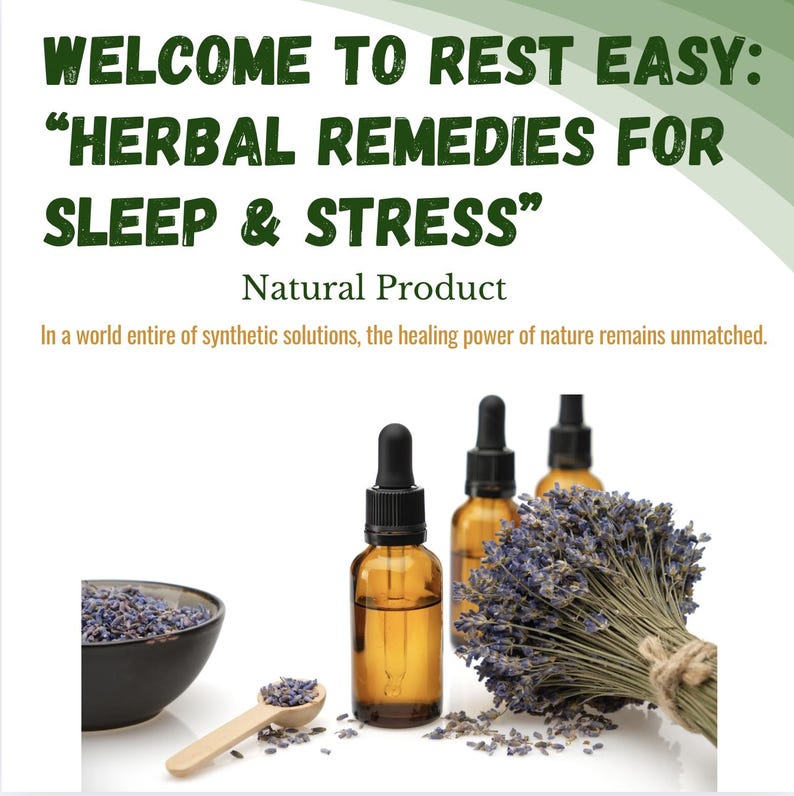 Puede incluir: La imagen muestra botellas de vidrio &aacute;mbar con cuentagotas negros, un cuenco y una cuchara de madera llenos de capullos de lavanda, y un manojo de lavanda seca. El texto dice: "WELCOME TO REST EASY: HERBAL REMEDIES FOR SLEEP & STRESS".