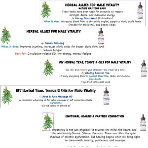 Op de afbeelding: Informatieve afbeelding over kruidenremedies voor mannelijke vitaliteit, waaronder Horny Goat Weed en Panax Ginseng. De tekst legt de voordelen en toepassingen van elk kruid uit, samen met een recept voor een vitaliteitsbooster-thee. De afbeelding bevat ook een sectie over emotionele genezing.