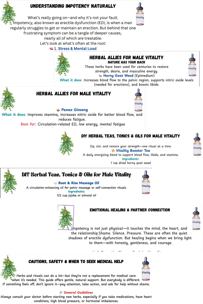 Op de afbeelding: Informatieve afbeelding over kruidenremedies voor mannelijke vitaliteit, waaronder Horny Goat Weed en Panax Ginseng. De tekst legt de voordelen en toepassingen van elk kruid uit, samen met een recept voor een vitaliteitsbooster-thee. De afbeelding bevat ook een sectie over emotionele genezing.