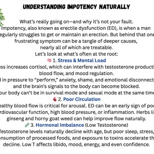Op de afbeelding: Een informatieve afbeelding met de titel "Impotentie op natuurlijke wijze begrijpen" met tekst die de oorzaken en oplossingen voor erectiestoornissen uitlegt. Bevat een klein flesje met het label "Vitaliteit" en illustraties van kruiden.