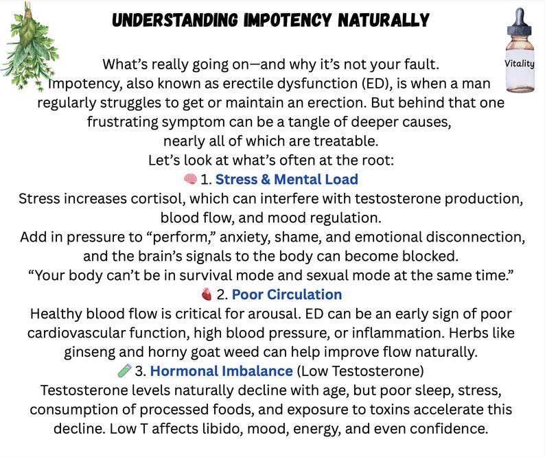 Op de afbeelding: Een informatieve afbeelding met de titel "Impotentie op natuurlijke wijze begrijpen" met tekst die de oorzaken en oplossingen voor erectiestoornissen uitlegt. Bevat een klein flesje met het label "Vitaliteit" en illustraties van kruiden.