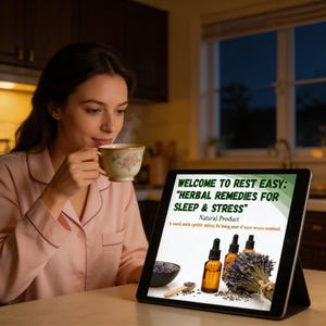 Puede incluir: Una mujer en pijama rosa bebe de una taza de t&eacute; floral, con una tableta que muestra el texto: "WELCOME TO REST EASY: 'HERBAL REMEDIES FOR SLEEP & STRESS' Natural Product." La tableta muestra botellas de aceite esencial, lavanda y una cuchara de madera.