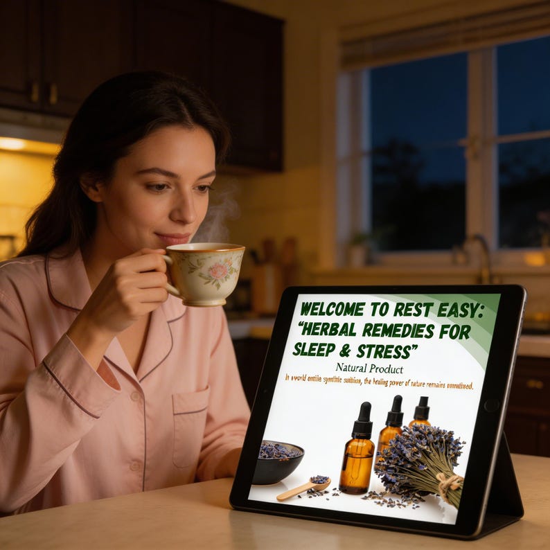 Puede incluir: Una mujer en pijama rosa bebe de una taza de t&eacute; floral, con una tableta que muestra el texto: "WELCOME TO REST EASY: 'HERBAL REMEDIES FOR SLEEP & STRESS' Natural Product." La tableta muestra botellas de aceite esencial, lavanda y una cuchara de madera.