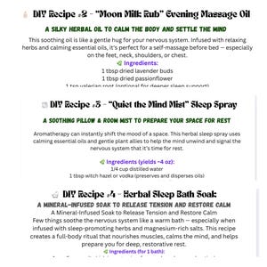 Puede incluir: Una p&aacute;gina con tres recetas de bricolaje para la relajaci&oacute;n. Las recetas incluyen instrucciones para hacer aceite de masaje, spray para dormir y ba&ntilde;o. El texto est&aacute; en negro sobre un fondo blanco, con acentos verdes.