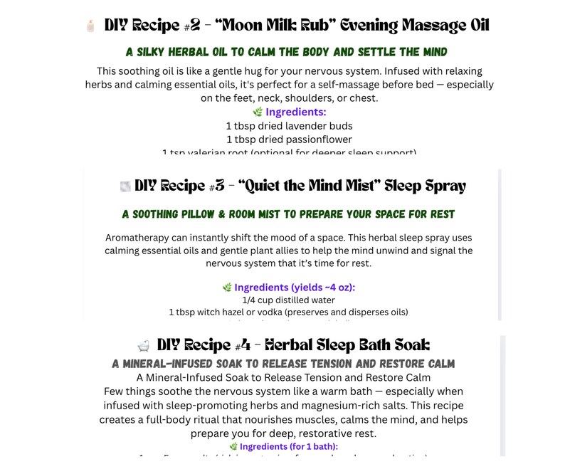 Puede incluir: Una p&aacute;gina con tres recetas de bricolaje para la relajaci&oacute;n. Las recetas incluyen instrucciones para hacer aceite de masaje, spray para dormir y ba&ntilde;o. El texto est&aacute; en negro sobre un fondo blanco, con acentos verdes.