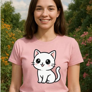 Cute Kawaii Cat T-Shirt - Adorable White Kitty with Blushing Cheeks - Perfect Gift for Cat Lovers - Japanese Inspired Chibi Cat Design