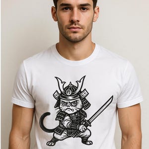 Samurai Cat T-Shirt Fierce Warrior Feline Tee Japanese Katana Cat Design - Unique Cat Lover Gift - Retro Ink Style Cat Shirt