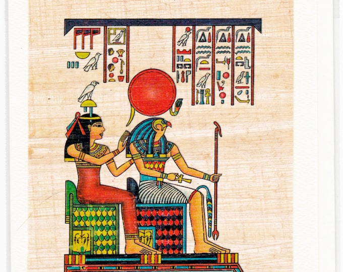 Goddess of love and Horus (her son-god of light) Egyptian papyrus notecard. Unique design, unique gift. Egyptian gods, goddess