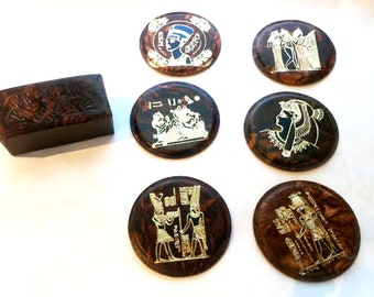 New! Egyptian Coasters!  Set of 6 hand tooled round leather coasters with cork back. Horus, Cleopatra, Nefertiti! Marbled brown color.