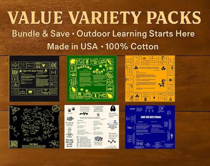 Value Variety Pack -Scout Skills Bandanas: Outdoor Safety, Tracks, Knots, Nature, Stars, Night Hike!