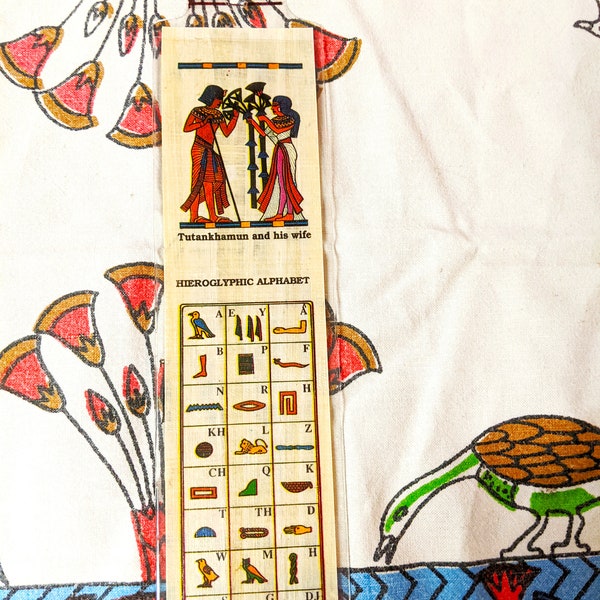 Hieroglyphic Alphabet Papyrus bookmark. Tut and His Wife design. Imported from Egypt. Unique, inexpensive gift. Great for kids, book clubs!