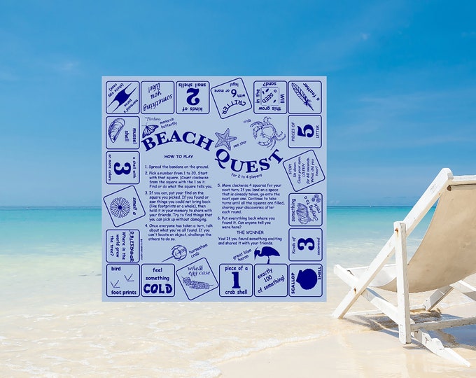 New! Beach Quest in two colors-ocean blue, sandy natural! A fun scavenger hunt game to learn while you are at the beach! Great for kids!