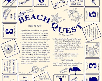 New! Beach Quest in two colors-ocean blue, sandy natural! A fun scavenger hunt game to learn while you are at the beach! Great for kids!