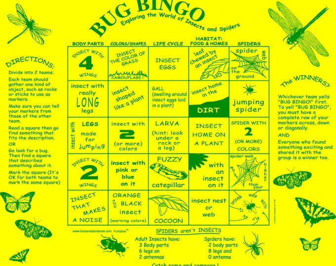 New! Bug Bingo in two colors-sunny yellow and natural! A fun way to introduce your kids to bugs, spiders! Great for kids, Scout badges, camp
