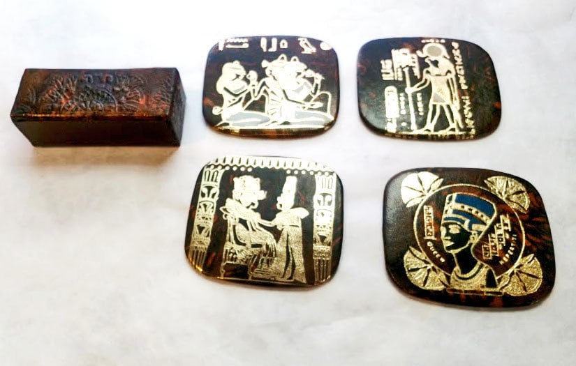 New! Egyptian Handtooled Leather Coasters. Set of 4 with handtooled