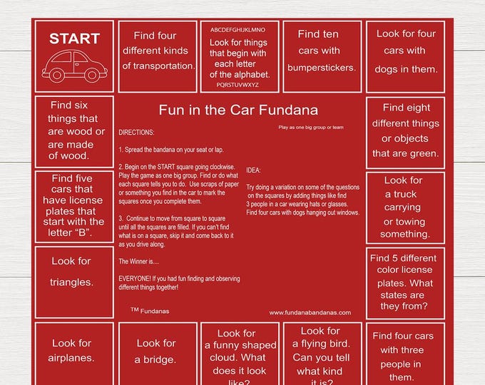 Fun in the Car Fundana: Road Trip Games Bandana. Perfect for long holiday drives or visits to grandma!