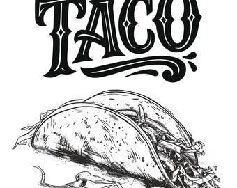 Gourmet taco-lijntekening – handgetekende illustratie van Mexicaans eten, vintage fastfood-clipart, afdrukbaar keukendecor