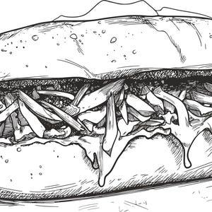 Gourmet Hot Dog Line Art – Hand-Drawn Retro Fast Food Sketch, Black and White Kitchen Poster, Printable Wall Art