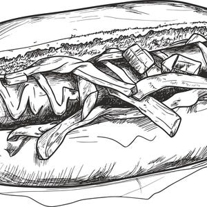 Vintage Hot Dog Line Art – Hand-Drawn Black and White Snack Sketch, Retro Fast Food Illustration, Printable Kitchen Wall Art