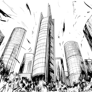Puede incluir: Un dibujo a tinta en blanco y negro de un paisaje urbano, visto desde abajo. Varios edificios altos de diferentes formas y tamaños dominan la escena. La obra de arte utiliza una perspectiva dinámica hacia arriba, con árboles estilizados en la parte inferior.