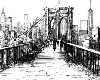 Puente de Brooklyn: lámina abstracta en blanco y negro con paisaje urbano, póster de arte urbano moderno, decoración artística para pared (descarga digital).