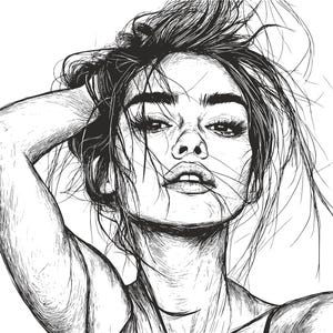 Regard féroce – Portrait féminin dessiné à la main | Dessin au trait à l'encre noir et blanc pour impression murale et décoration d'intérieur
