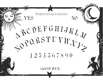 May include: A black and white Ouija board with a decorative frame. The board features the alphabet, numbers, and the words "YES", "NO", and "GOOD BYE". Decorative elements include a sun, moon, stars, and silhouettes.