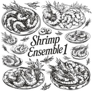 Könnte beinhalten: Schwarz-Weiß-Illustration verschiedener Teller mit Garnelen, garniert mit Kräuterzweigen. Der Text "Shrimp Ensemble 1" ist in einer dekorativen Schriftart dargestellt. Das Bild ist eine detaillierte, künstlerische Darstellung.