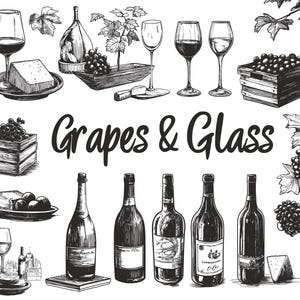 Ensemble de cliparts vin vintage - Raisins, bouteilles, verres et fromage dessinés à la main pour l&#39;impression et la conception de marque