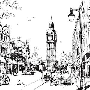 Dessin à l&#39;encre de Londres Big Ben : impression décorative de la ligne d&#39;horizon, affiche abstraite en noir et blanc, dessin au trait très contrasté à télécharger