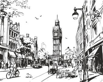 London Big Ben Ink Drawing – Decorative Skyline Print, Black & White Abstraction Poster, Highly Contrasted Line-Art Download