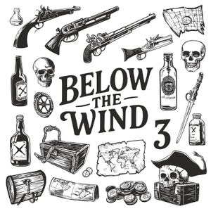 Pirate Loot Clipart Set 3 – Têtes de mort, bouteilles de rhum et cartes au trésor | Art à l'encre dessiné à la main pour des projets de design vintage