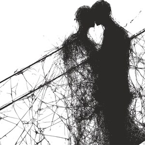 May include: A black and white illustration depicts two figures embracing, their forms composed of intricate, web-like lines. The figures are silhouetted against a white background, with diagonal lines and a network of fine lines adding texture.