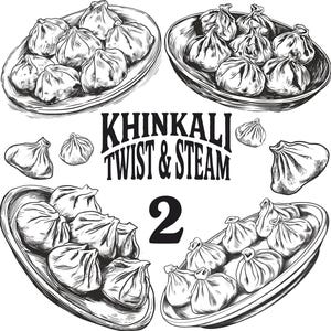 May include: Black and white illustration of Khinkali dumplings, served on oval plates. The image includes the text "Khinkali Twist & Steam" and the number "2". The dumplings are depicted in a detailed, hand-drawn style.