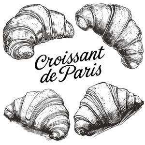 Conjunto de imágenes prediseñadas de croissant: ilustración de pastelería francesa en blanco y negro dibujada a mano, arte lineal de panadería parisina, decoración de cocina imprimible