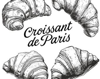 Croissant Clipart Set – Hand-Drawn Black and White French Pastry Illustration, Paris Bakery Line Art, Printable Kitchen Decor