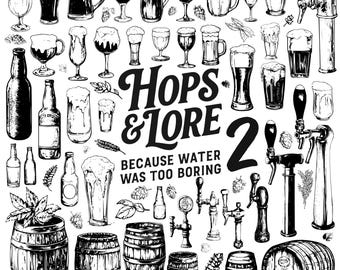 Hops & Lore Vol. 2 – Vintage Beer Clipart Collection | Hand-Drawn Brewery Tools, Barrels, Taps and Foamy Glasses in Black and White Line Art