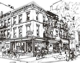 Esboço de esquina de Nova York em tinta – Impressão decorativa de rua, linhas urbanas ousadas, pôster abstrato em preto e branco, arte urbana moderna para download.