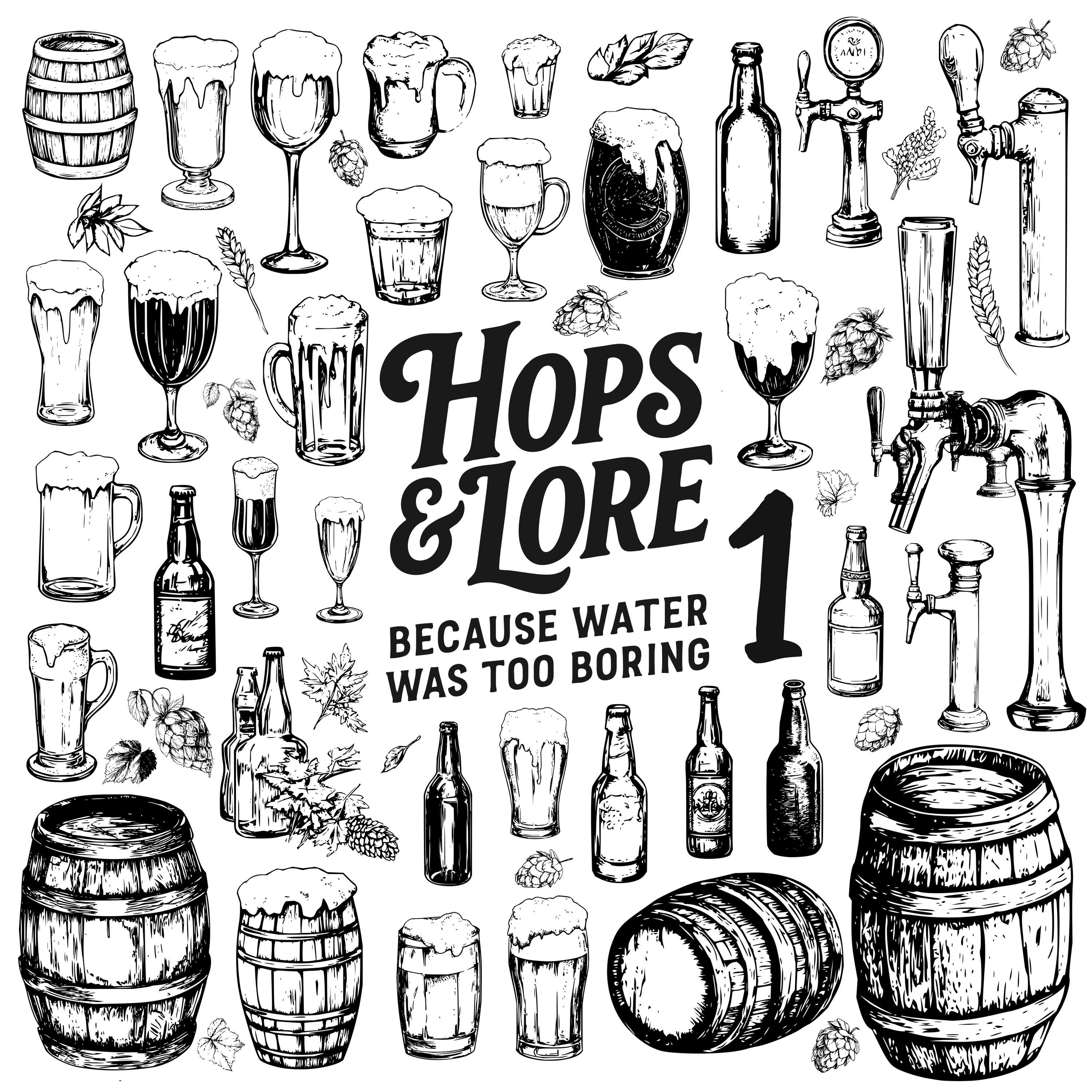 Hops & Lore Vol. 1 – Hand-Drawn Beer Clipart Set | Black and White Vintage Brewery Illustrations, Craft Barrels, Glasses and Taps
