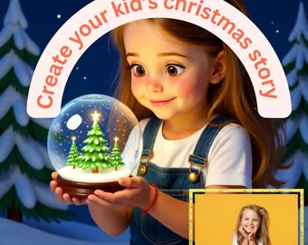 May include: An illustration of a young girl holding a snow globe with Christmas trees inside. The snow globe is set against a wintery background with text that reads "Create your kid's christmas story". A smaller image of the girl is in the bottom right corner.