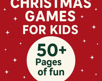 Puede incluir: Un fondo rojo con texto blanco que dice "CHRISTMAS GAMES FOR KIDS". Un círculo blanco contiene el texto "50+ Pages of fun" en verde. Formas de estrellas blancas están dispersas alrededor del texto.