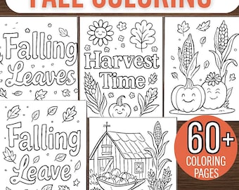 May include: A collection of black and white coloring pages with fall-themed illustrations. The pages feature text that reads "Falling Leaves" and "Harvest Time", along with images of pumpkins, leaves, and a barn. The image also includes a circle with the text "60+ Coloring Pages".