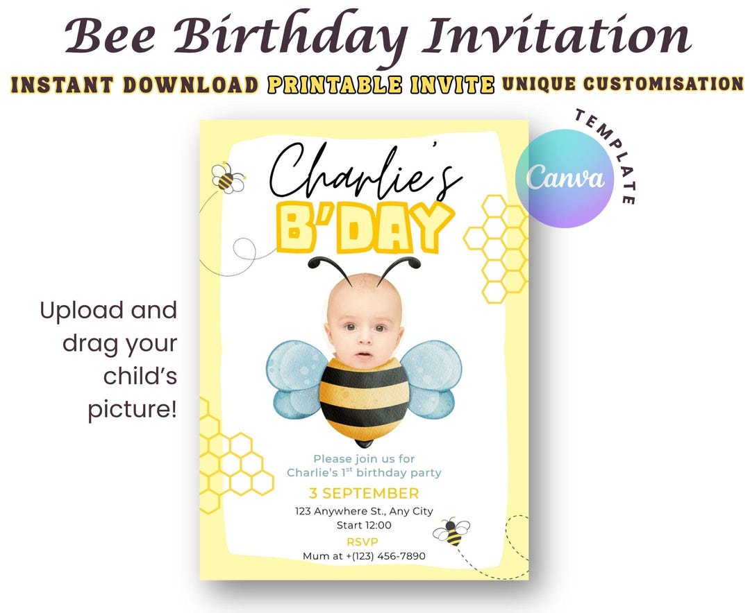 Honey Bee 1st Birthday Invitation: Photo Template, Editable Canva ...