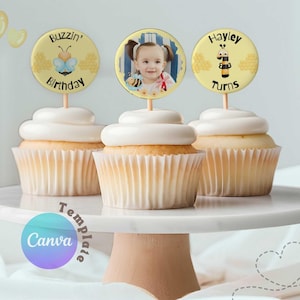 Honey Bee Cupcake Toppers: Editable Birthday Party Decorations (Canva Template)