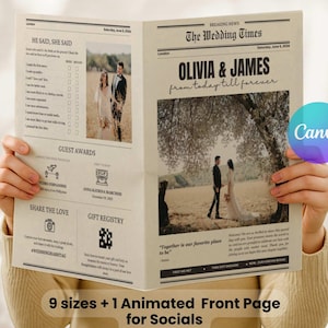 Wedding Newspaper Program Template Canva | Folded Printable Wedding Timeline, Ceremony Schedule, Front Page Animation, Keepsake, Vintage