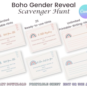 Chasse au trésor selon le genre bohème – jeu de baby shower modifiable, cartes indices de chasse au trésor révélatrices de genre, fête de révélation de genre imprimable mignonne