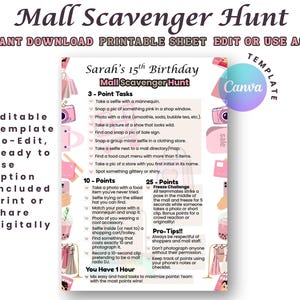 Teen Mall Photo Scavenger Hunt: Fun Birthday Party Game (Printable & Editable)